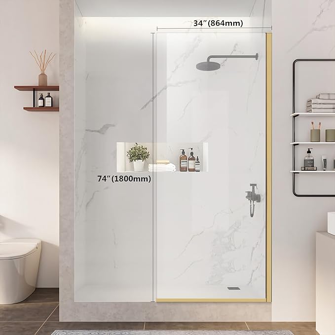 Semi-Framed Shower Glass Door, 5/16" Thick Clear Tempered Glass, Brushed Gold - Image 2