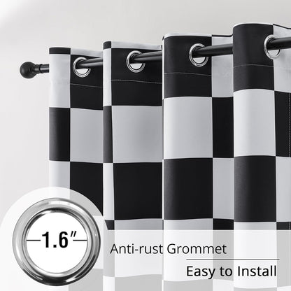100% Blackout Curtains – Black and White Checkered Race Flag Pattern, 2 Panels, Each W52×L84, Thermal Insulated, Nosie Reducing for Bedroom, Living Room, Race car Drapes