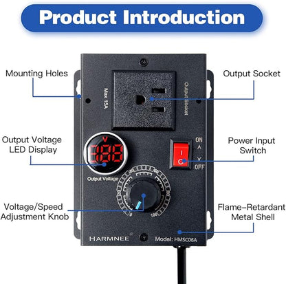 HARMNEE AC Motor Speed Controller 110-120V / 10A Rated / 15A Max, Fan Speed - Image 2