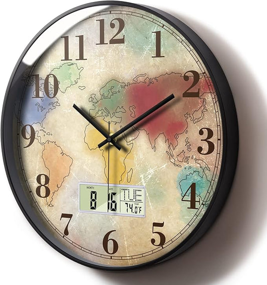 Modern Round Retro Digital and Analog Wall Clock Silent Calendar Colorful World by SCOAGE