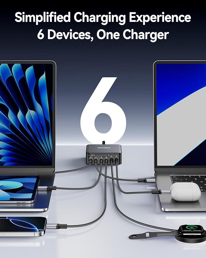270W USB C Charger Block, Rocoren 6 Port Multi USB-C Charging Station, 100W PD - Image 4