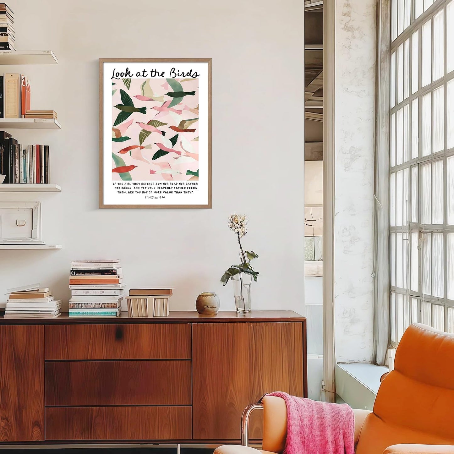 Matthew 6 Look At the Birds Wall Art Framed Christian Wall Deco 16x12 Inch | Ready to Hang Modern Christian Canvas Prints Religious Bible Verse Painting Picture Living Room Bedroom Church Prayer Room