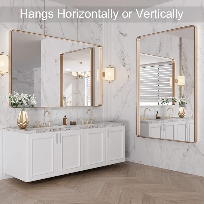 LOAAO 48”X30” Gold Bathroom Mirror, Rounded Rectangle Gold Frame Mirror - Image 8