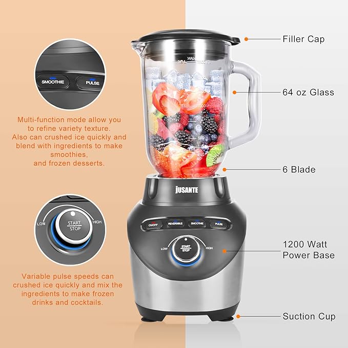 Blender with 64 oz Glass Jar - 1200W High Speed Juicer Blender - Image 3
