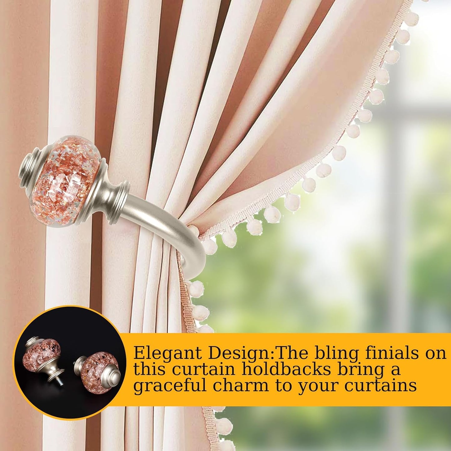 Rose Gold Curtain Holdbacks, Decorative Drapery Tiebacks, 1 Pair | Curtain Hooks for Drapes, Wall Mounted, Vintage Crystal Finials, Durable Metal Material, Size: Small(3.95" L x 3.4" W)