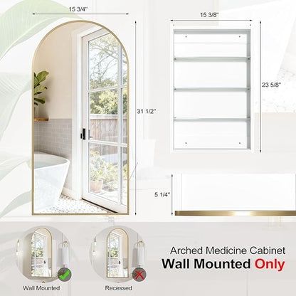 Arched Medicine Cabinet with Mirror, Brushed Gold Medicine Cabinet with Storage - Image 2