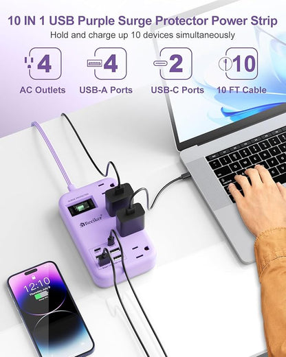 Beeiker 6 USB Purple Surge Protector Power Strip- 10 Ft Purple Extension Cord - Image 4