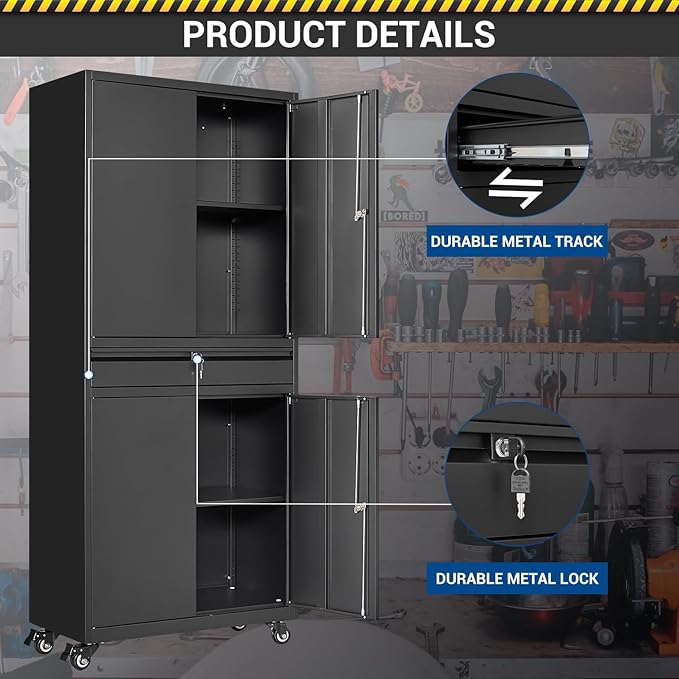 73" Metal Cabinet-Black Heavy Duty Rolling Storage Cabinet Steel Tool Cabinets - Image 7