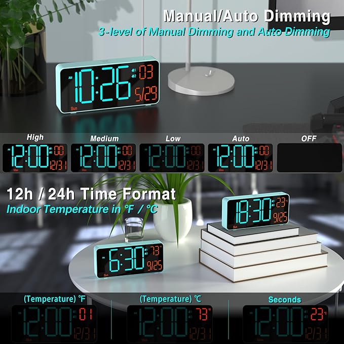 KOSUMOSU Alarm Clock for Bedroom, 6.7in Small Digital Clock, Auto Dimming - Image 2