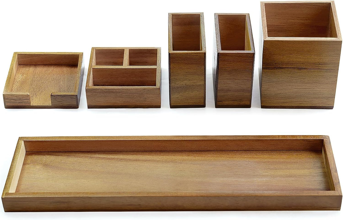 Wood Vanity Tray Set, 6-Piece Countertop Organizer for Small Items