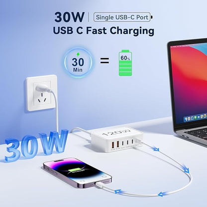 USB C Charger Block, 120W GaN 6-Port Charging Station, 30W Fixed PD Port Type C - Image 4