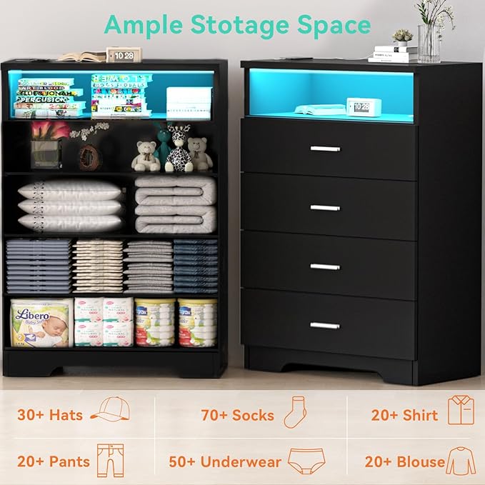 Dresser with Power Outlets and LED Lights Wooden 4 Drawer Dresser with Large - Image 6