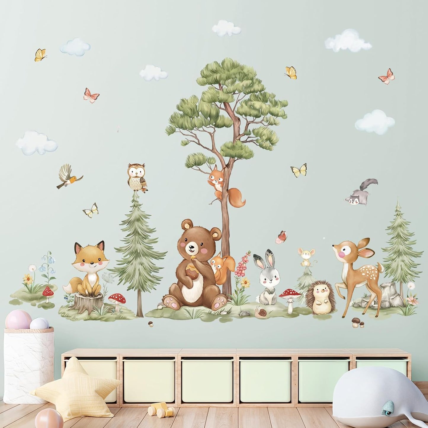 wondever Woodland Animals Wall Decals Pine Tree Bear Wall Stickers (XL) | Peel and Stick, Removable, Wall Art Decals, Wall Decoration, Kids Room, Bedroom Baby Nursery Playroom Decor