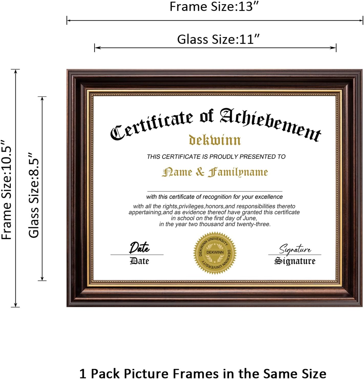 8.5x11 Diploma Frames Certificate Document Frame,1 Pack Reddish Brown/Gold Trim with Real Glass for Wall Gallery or Tabletop display, Without Mat