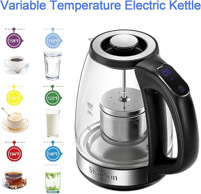 ShanSon Electric Kettle with Tea Infuser 1.7L Temperature Control Glass - Image 5