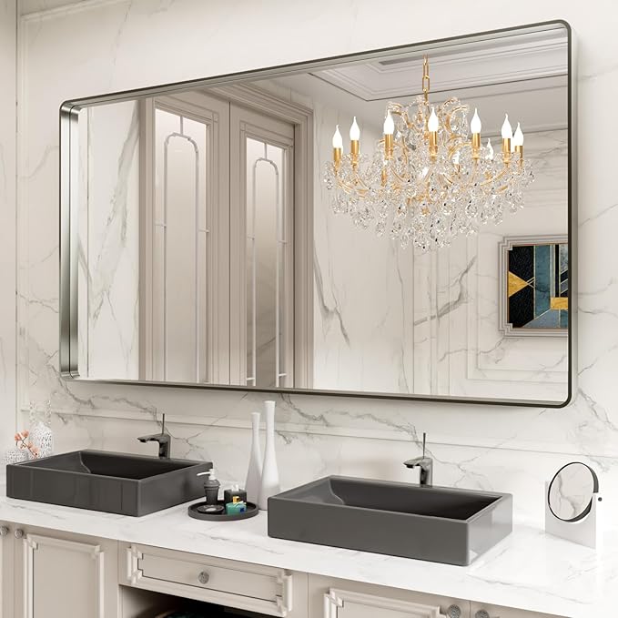 LOAAO 77X36 Inch Brushed Nickel Bathroom Mirror, Rounded Rectangle Silver Metal by LOAAO