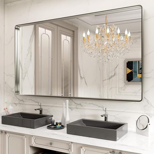 LOAAO 77X36 Inch Brushed Nickel Bathroom Mirror, Rounded Rectangle Silver Metal by LOAAO