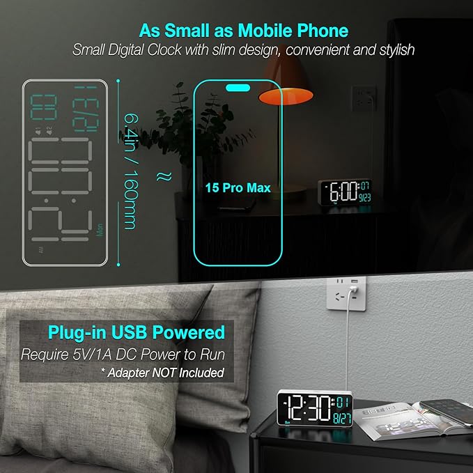 KOSUMOSU Digital Alarm Clock for Bedroom, 6.7in Small Digital Clock, Auto - Image 2