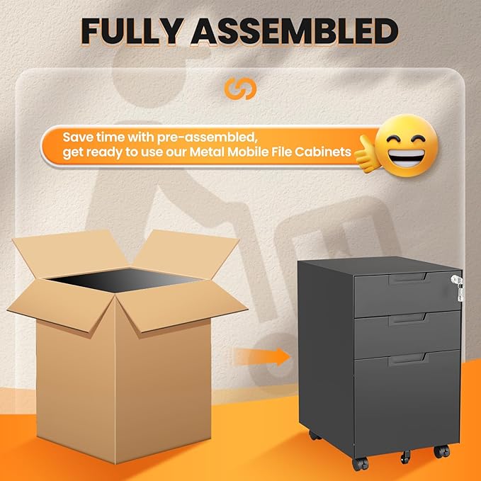 3 Drawer File Cabinet with Lock, Fully Assembled Metal Mobile Filing Cabinets - Image 7