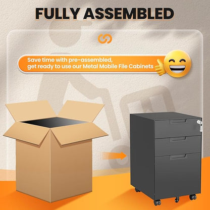 3 Drawer File Cabinet with Lock, Fully Assembled Metal Mobile Filing Cabinets - Image 7