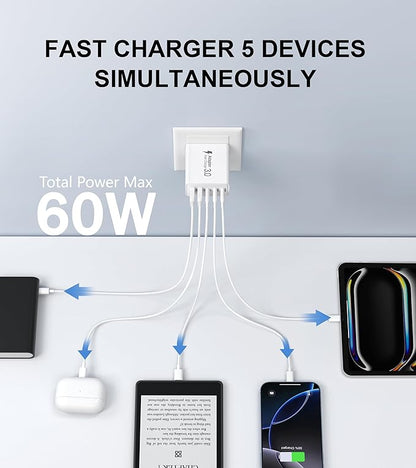 2Pack USB C Fast Charger Block, 60W 5-Port USB Wall Charger Brick, 2 USB A & 3 - Image 2