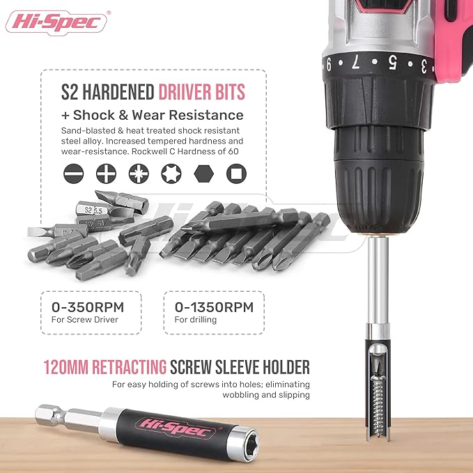 Hi-Spec Pink Cordless Drill Set, 18V Electric Drill - Image 4
