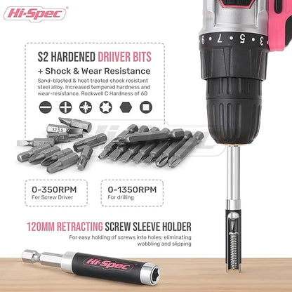 Hi-Spec Pink Cordless Drill Set, 18V Electric Drill - Image 4