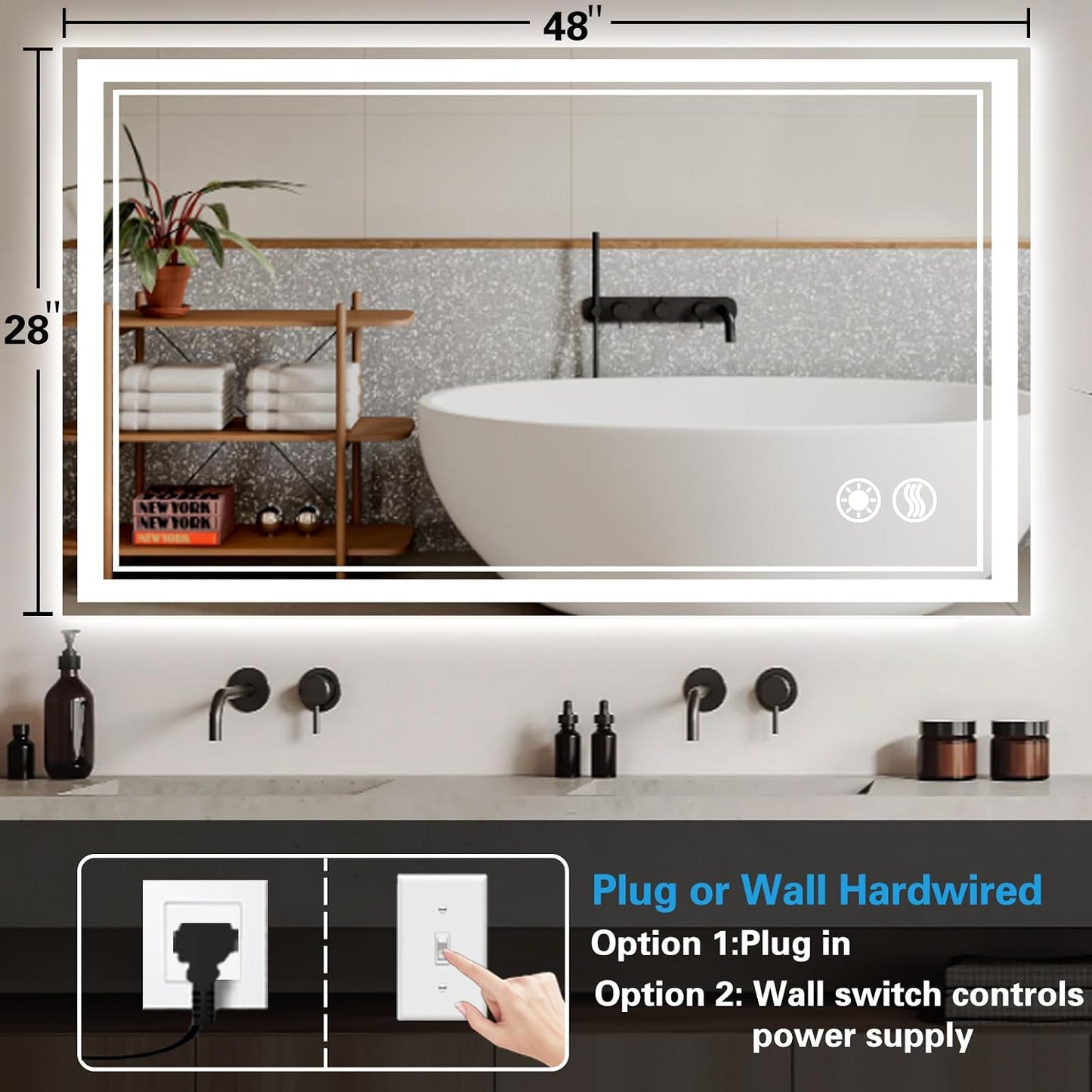 48 x 28'' LED Mirror for Bathroom Fogless Bathroom Mirror with LED Lights Stepless Dimmable 3 Colors Front and Backlit Lights Lighted Bathroom Mirror Wall Mounted Horizontal/Vertical