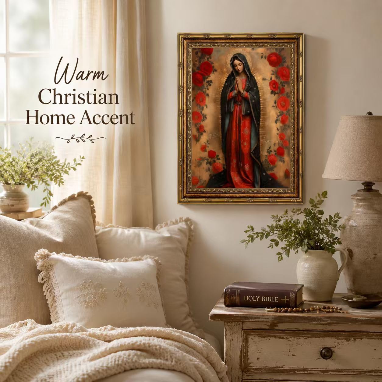 SQHVFXWR Golden Frame Our Lady of Guadalupe Canvas Wall Art with Religious Virgin Mary Painting Decor for Home Church Office - Red Rose & Halo Blessed Virgin Artwork16x24in