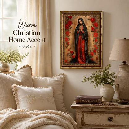 SQHVFXWR Golden Frame Our Lady of Guadalupe Canvas Wall Art with Religious Virgin Mary Painting Decor for Home Church Office - Red Rose & Halo Blessed Virgin Artwork16x24in