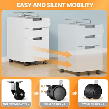 3 Drawer File Cabinet with Lock, Fully Assembled Metal Mobile Filing Cabinets - Image 4