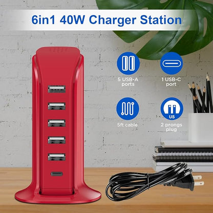 USB Phone Charger 6 Ports 40W Upoy, Type C Wall Charger Smart 6A, Charging Tower - Image 5