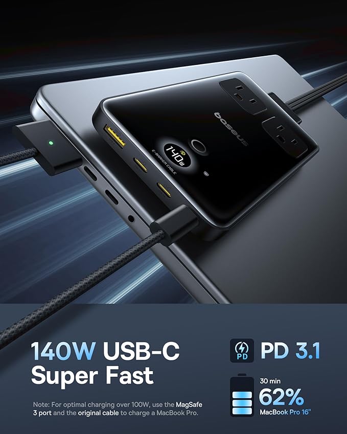 Baseus Blade Charging Station 140W, 6-in-1 Compact USB C Power Strip - Image 3