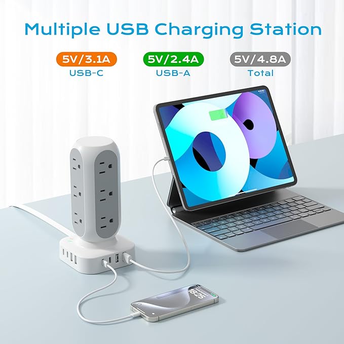 Tower Surge Protector Power Strip, Flat Plug Outlet Extender - Image 2