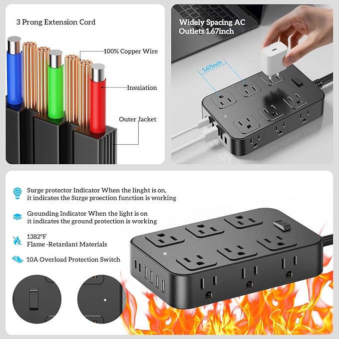 Solidock Flat Plug Power Strip Surge Protector 5 Ft Extension Cord - Image 7
