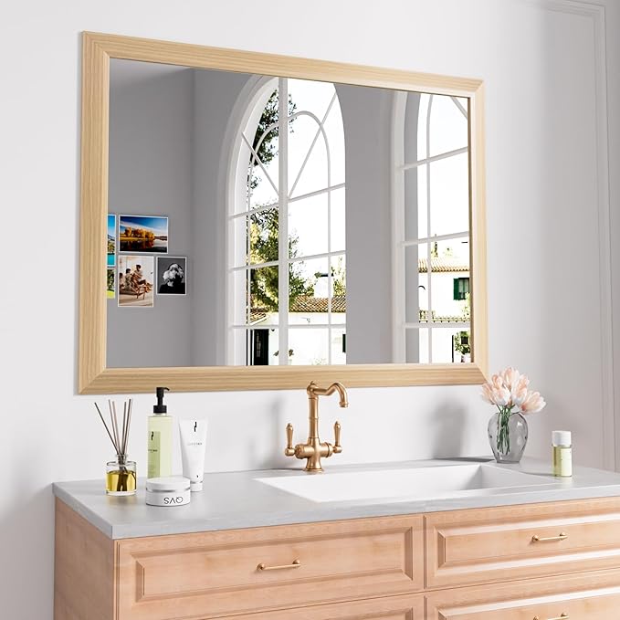 Amorho Bathroom Mirror for Wall, 40X32 Inch Oak Wood Grain Metal Framed Mirror by Amorho