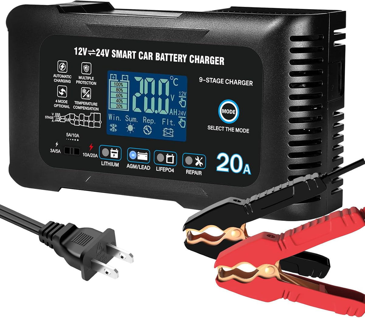 20a car battery charger, 12/24v smart trickle charger, main product view
