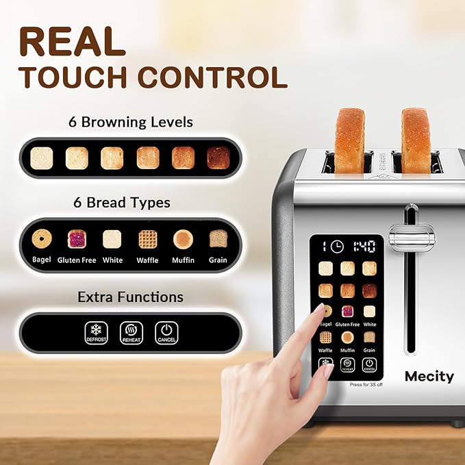 Mecity 2 Slice Touch Screen Toaster, 1.5" Wide Slot, Stainless Steel Smart - Image 2