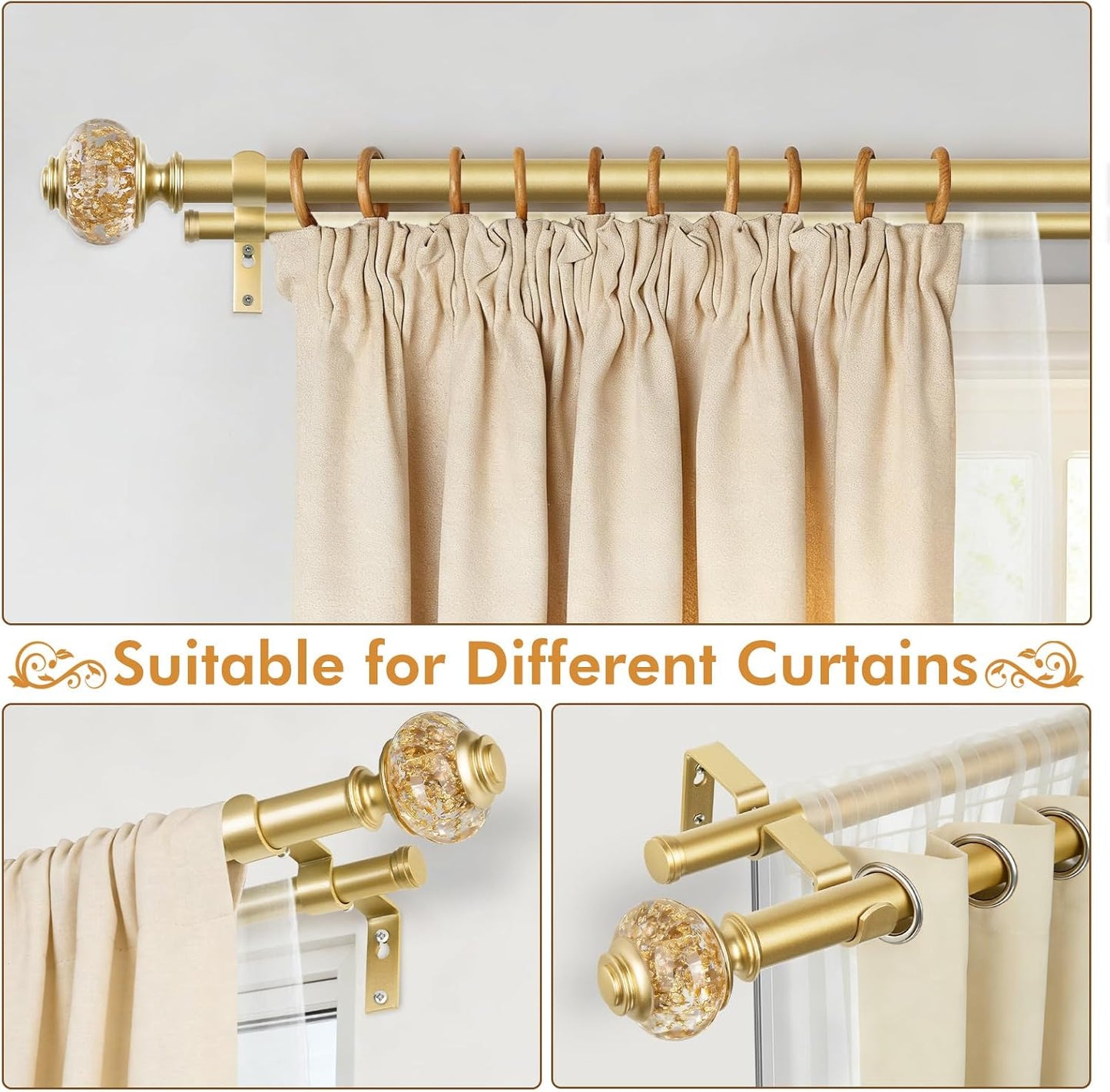 Double Curtain Rods for Windows 72 to 144, Luxury Gold, 1 Inch | Double Layer Window Treatment Rods, Decorative Crystal Ball Finials, Heavy Duty Adjustable Pole, Supports 33lbs, Easy Install