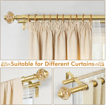 Double Curtain Rods for Windows 72 to 144, Luxury Gold, 1 Inch | Double Layer Window Treatment Rods, Decorative Crystal Ball Finials, Heavy Duty Adjustable Pole, Supports 33lbs, Easy Install