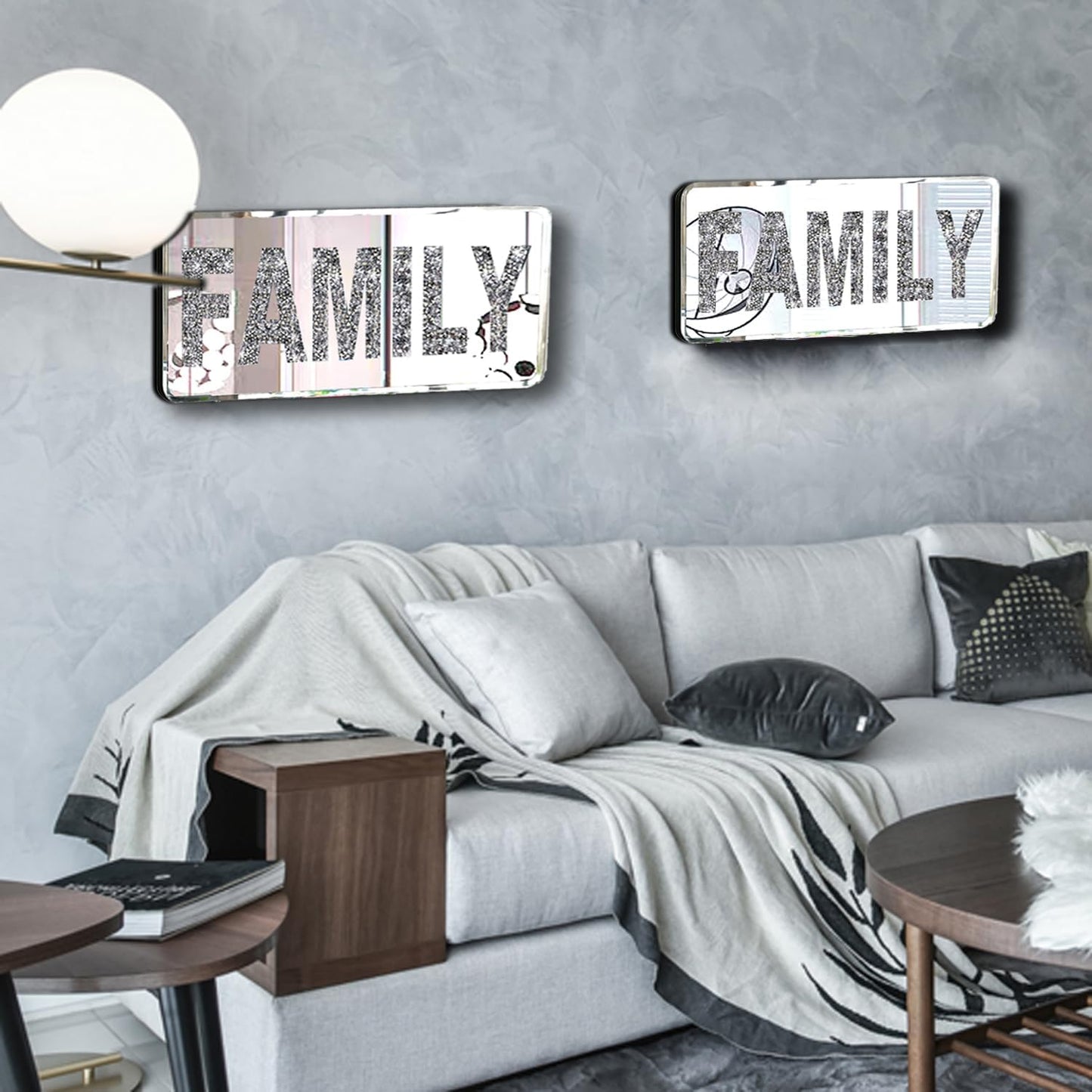 ZOLAPI 2 pcs Letters FAMILY. Crystal Diamond Letters. Silver Mirror Glass Home Decoration for Wall, Fireplace, Bookshelf and Table.