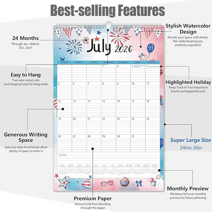 GuassLee Extra Large Wall Calendar 2026, 24-Month Aesthetic Large Calendar Jan. - Image 3
