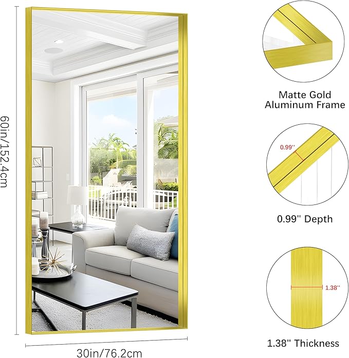 Gold Bathroom Mirror, 30x60 Inch Rectangular Deep Frame Mirror, Large Wall - Image 3