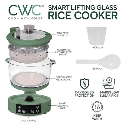 COOK WITH COLOR 3L Glass Mini Low Carb Rice Cooker – Holds 2 Cups Raw/Makes 6 - Image 2