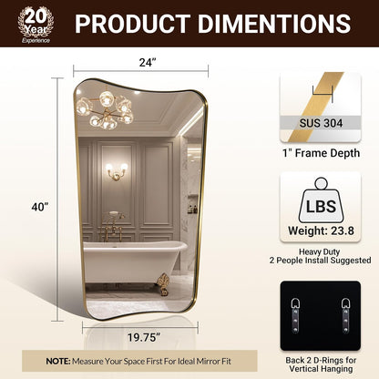 24x40 Inch Mirror, Brushed Gold Bathroom Mirror for Over Sink, Large Decorative Wall Mirror with Stainless Steel Frame, Anti-Rust, Italian Luxury Style Home Decor