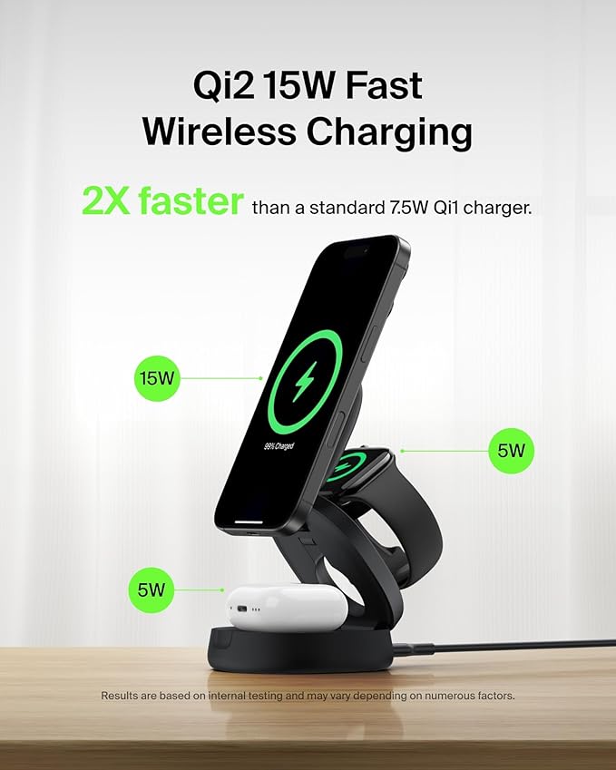Belkin MagSafe Charger Compatible, 3-in-1 Qi2 15W Wireless Charging Station - Image 3