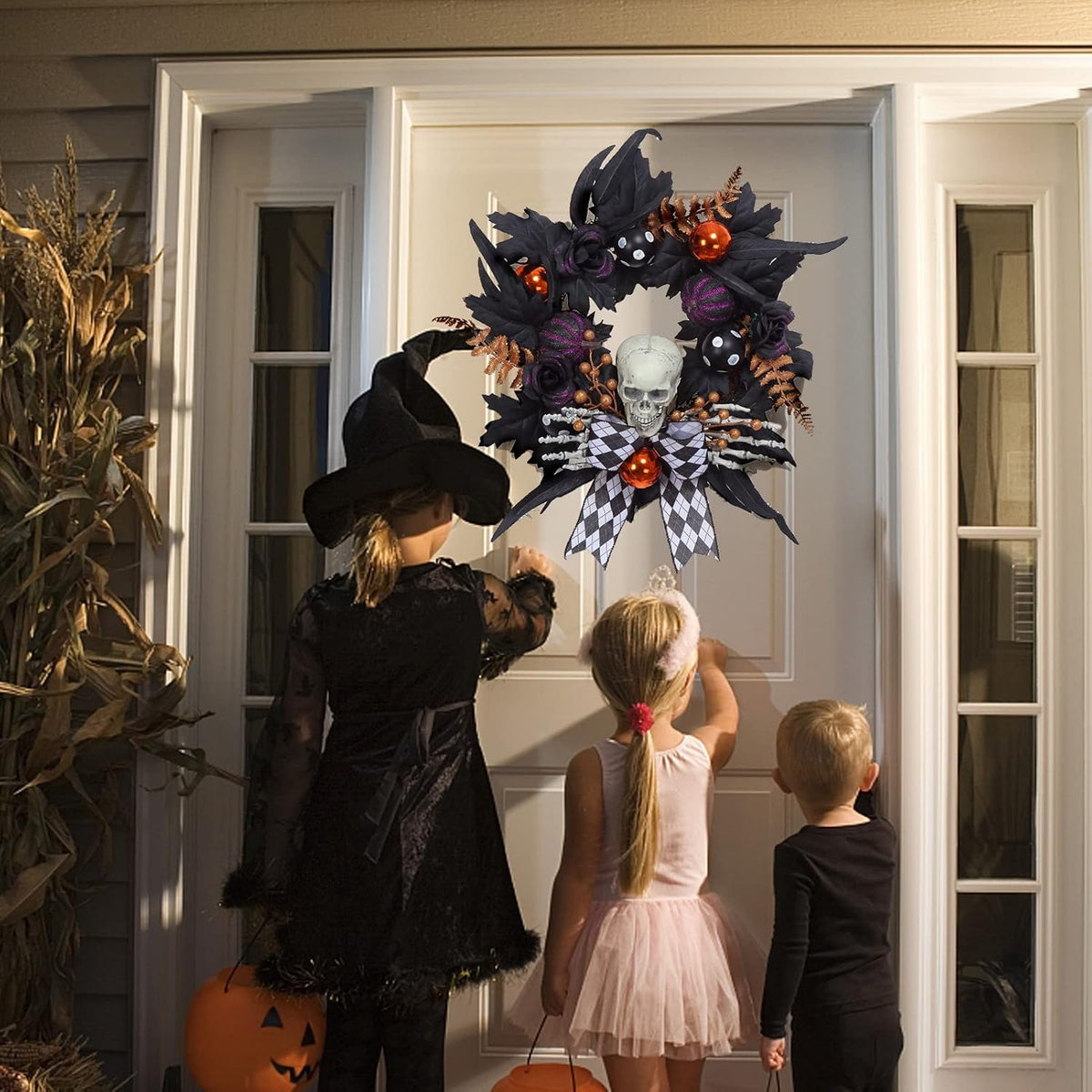 Halloween Wreath for Front Door Halloween Skeleton Decorations, 20 Inch Pumpk...