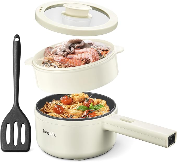 Hot Pot Electric With Steamer, 1.6L Ramen Cooker Non-Stick Sauté Pan by Reemix