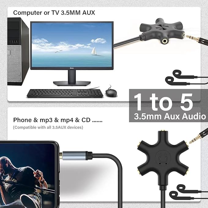 sovunis Multi Headphone Audio Splitter, 5-Way 3.5mm Jack Stereo Headset Adapter - Image 4