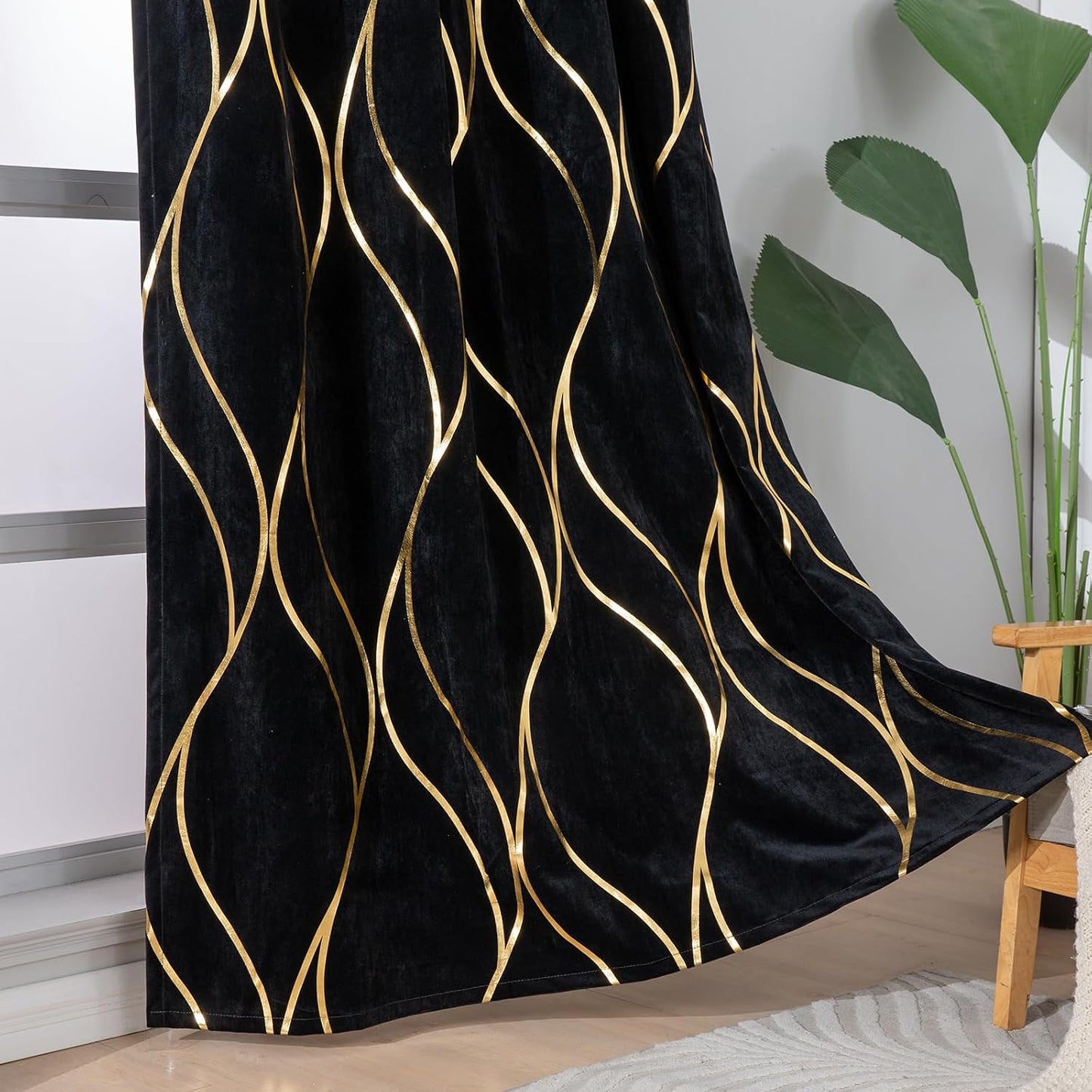 L.Z.E Black Gold Blackout Curtains for Bedroom, Heavy Duty Velvet Curtains 120 Inches Long 2 Panels Set, 80% Room Darkening Curtains for Living Room, Extra Long & Thick Drapes with Gold Pattern
